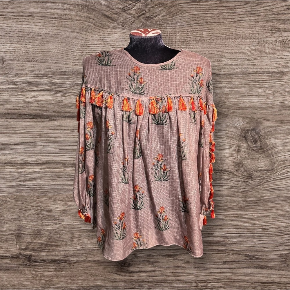 Sachin Babi Boho Tassels Long Sleeve Blouse Top Semi Sheer Floral Size XS